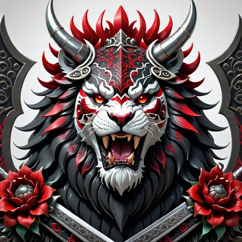 the image shows the face of a beast, a creature like a lion, in red, black and white. the beast displays a menacing look with cr...