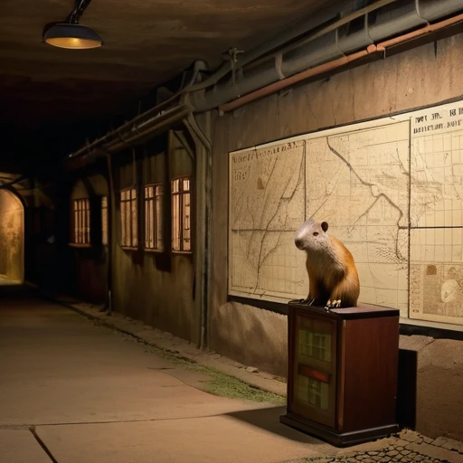 40s，The underground  used a telegraph machine to send messages in a dark tunnel，Female spy cute capybara wearing headphones，underground combat headquarters，Old map hanging on the wall，