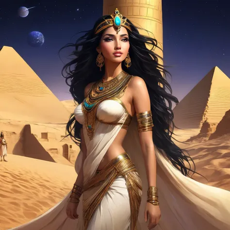 (bust:1.4), low - angle:1.4, desert princess, beautiful woman with long black hair, detailed face, deep eyes, ふっくらand唇, wearing ...