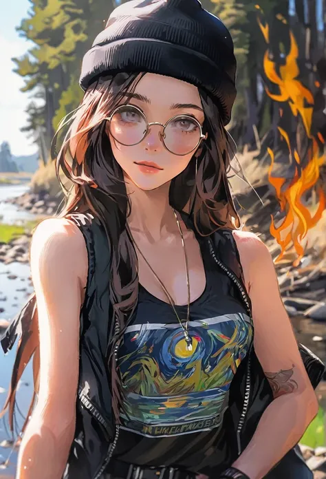 Walking river bank, loose black jacket, perfect hands, high detail, high quality, best detail, perfect irises, beanie, hipster, adult female, beanie, calm demeanor, mature, firewatcher