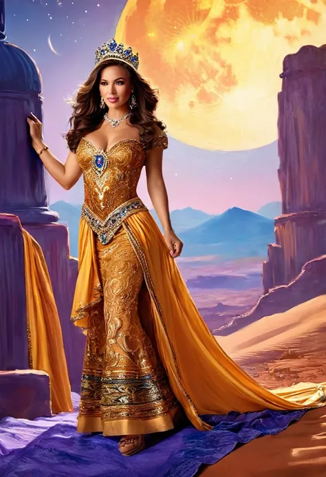 Arafed digital painting of a desert princess BREAK and her pet cougar in her palace high details, best quality, 16k, f a female human princess and her pet cougar, princess of the desert, full body, ((anatomically correct: 1.5)) ((standing: 1.5)) proudly ro...