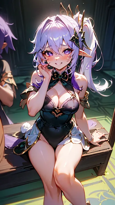 Nasheed_Genshin Impact Long Hair、Rabbit ears 2.0、（Purple Eyes 3.0）、Bangs、Pointed ears、Hair accessories、White hair、Symbolic eyes colorful hair、Side Ponytail、Gradient hair、（Purple Hair3.0）、Hair between the eyes、Interpupillary cross,Awkward,blush,(Perfect han...