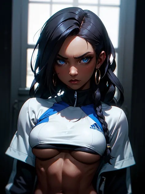 ((Portrait Photo)), She has a Nonchalant, Black-Haired Appearance, with Dark Skin, and a Strong, Muscular Build. She Expresses an Indifferent Look, Giving Off a Composed and Unfazed Attitude. She has Deep Blue Eyes, and Her Hair is Long and Black, with Dre...