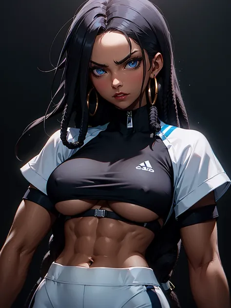 ((Portrait Photo)), She has a Nonchalant, Black-Haired Appearance, with Dark Skin, and a Strong, Muscular Build. She Expresses an Indifferent Look, Giving Off a Composed and Unfazed Attitude. She has Deep Blue Eyes, and Her Hair is Long and Black, with Dre...