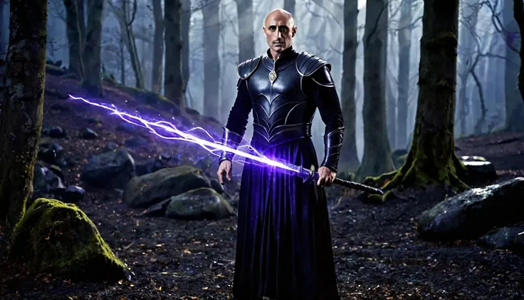 sorcerer man, super muscular body on steroids, (with Mark Strongs face) bald, dressed in black and violet medieval tunics, from his hands he emits powerful, magical rays, lighting with a flashing blue glow, standing in a dark forest, surrounded of torches ...