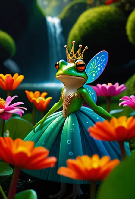 illustrious, princess frog, Amidst a dreamscape of colors, a mesmerizing garden enchants, its vibrant petals a feast for the eyes, Dancing and shimmering, intricate details, ultra sharp, fantasy art concept, fantastical fairy tale, whimsical surroundings x...