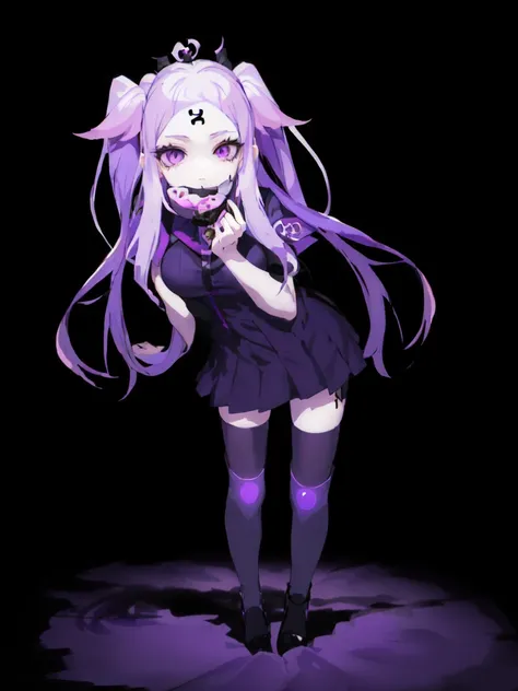 Anime girl with purple hair and black dress posing for the camera, Gapmo Yandere grimdark, digital art from danganronpa, anime monster girl, demon anime girl, pale young ghost girl, with glowing purple eyes, Gapmo Yandere, she has purple hair, Junko Enoshi...