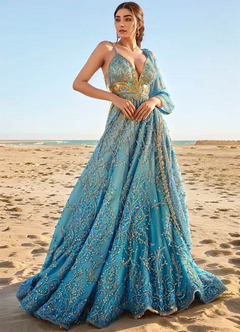 araffe woman in a blue dress standing on a beach, fantasy long intricate gown, blue colored traditional wear, fantasy dress, maya ali wind sorcerer, idian dress, arabian nights inspired, long luxurious intricate gown, ornate royal gown, long luxurious flow...