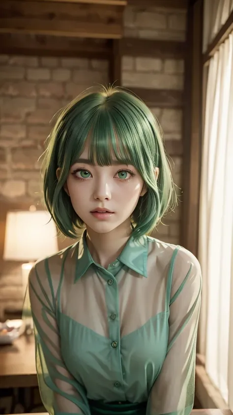 RAW PHOTO, ((high quality)),Tabletop,(Detailed depiction of the site:1.2), girl, one girl, soft smile, 26 years old, (sheer shirt),Enchanted Valley,Mouth closed,eyelash, look away, Portraiture, Upper Body, (green hair:1.4), (short hair:1.4), (short bangs:1...