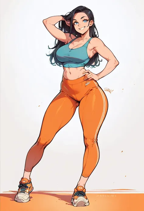 Score_9, Score_8_up, Score_7_up, 1 girl, black hair, blue eyes, curvy figure, smile, blue tank top, orange yoga pants, belly button, big bust, sneakers, standing, simple background, White background,