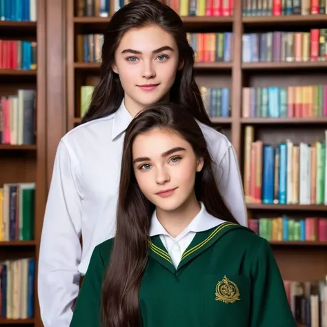 “Create a book cover featuring Hazel Hartmann and Ethan Beauchard. Hazel is a 17-year-old girl with long chocolate brown hair and almond-shaped amber eyes., wearing a classic and elegant school uniform. Ethan is an 18 year old young man, Cao Cao, with dark...