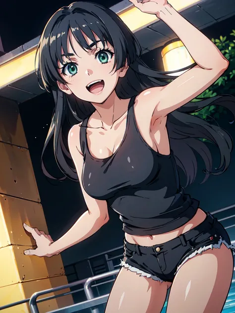 Take off your clothes, under boob, (High resolution:1.4), (masutepiece:1.2), (High quality:1.3) 1girl, saten ruiko, green eyes, long hair, black hair, small breast, tank top, hot pants, cinematic lighting,  pov, dynamic angle, open mouth, smile