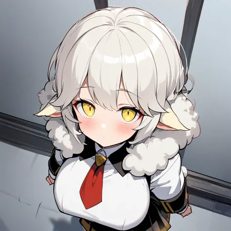 1girl,solo,roll angle,sheep ear,White fluffy hair,Short hair with a lot of hair,light yellow eye color,Calm face,docile face,blush,huge breasts,slender,Vertical lines academy uniform,short stature,looking at viewer,Taken from the viewpoint above,upturned e...