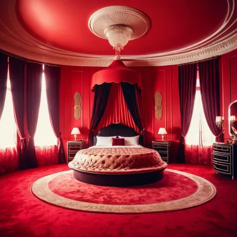 big luxury red room with curtains and huge round bed,2 elite prostitutes, elite clothes, elite makeup, smoke in air, vintage filter:1.4, grain:1.4