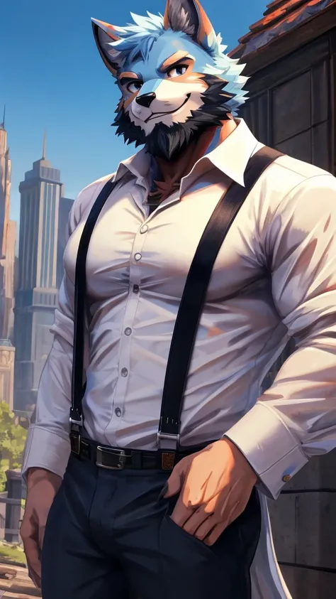 ((best quality)), ((masterpiece)), (Ultra detailed), ((4k)), solo , Furry, anthro, Sky Blue Fur , Short Hair , Middle Ages , Beard , Shirt , White shirt ,  Big Pecs , collared shirt , pants , suspenders , pectorals , sleeves rolled up, Black Coat , Cool Po...