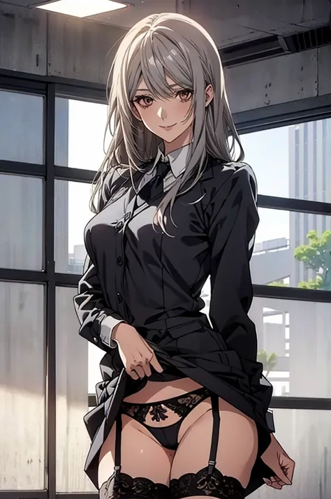 (Highest quality, High resolution, Very detailed), 1 female, Silver Hair, Long Hair, Reddish brown eyes, office staff suit skirt, lace thong, garter belt, secretary, 24th generation, Beautiful woman, mature, quiet, Calm, Large Breasts, A small smile, offic...