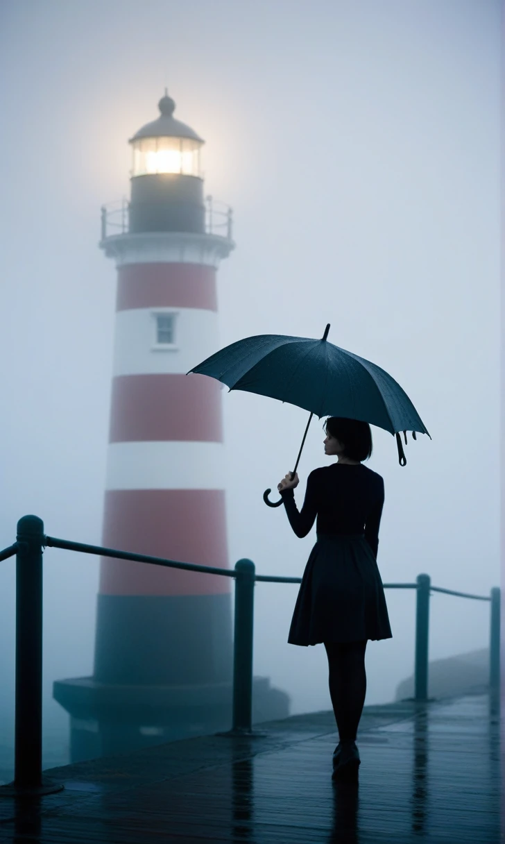 girl, Short hair, cool,rain,blur,Fog,middle,cool,boring,,pier,only,lighthouse,Coast, The dim light shines in the Fog,and the figure stands in the Fog holding an umbrella