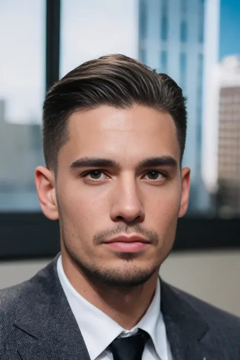 25-year-old man, shaved skull, well dressed, realistic face 