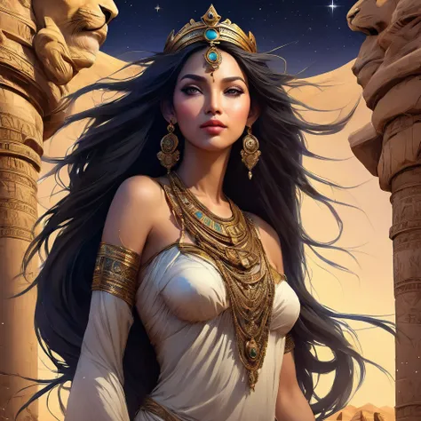 (bust:1.4), low - angle:1.4, desert princess, beautiful woman with long black hair, detailed face, deep eyes, ふっくらand唇, wearing ...