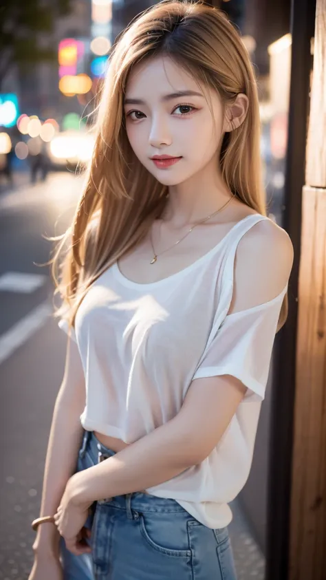 ((Highest quality)), ((masterpiece)), (Cinematic aesthetics:1.4) Bokeh city night photo of a beautiful asian fashion model,Facial features include thin eyebrows,Double eyelids of the eyes,Shortcut Wolf,hair color is blonde,Clear Skin,Smile,blush,Tight T-sh...