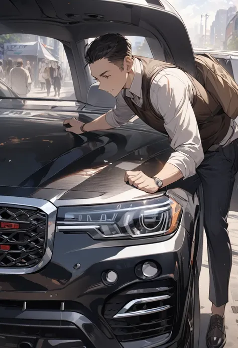 masterpiece, best quality, extremely detailed cg unity 8k wallpaper, man buying a car, suv