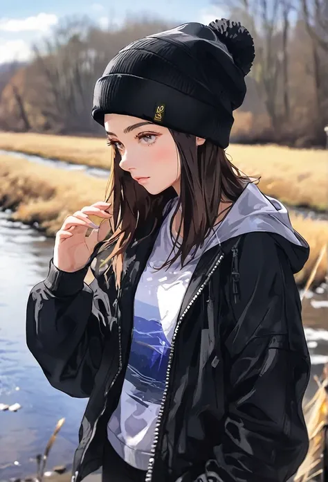 Walking river bank, loose black jacket, perfect hands, high detail, high quality, best detail, perfect irises, beanie, hipster, adult female, beanie, calm demeanor, mature, 