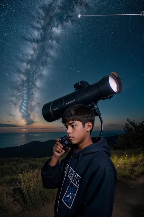 Create a image of a teen boy with telescope star gazing at night 