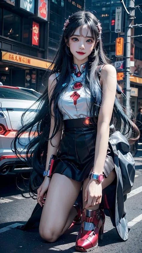 Beautiful Iron Man，Angelic countenance，Full body portrait，the long flowing blue hair，big eyes，Flashing pupils，shy，Blush，Smile，Delicate depiction of the face，Wearing a pink skirt with black，Wearing high heels，Cyberpunk，Night，Hyperrealism，Neon Street，Ray Tra...