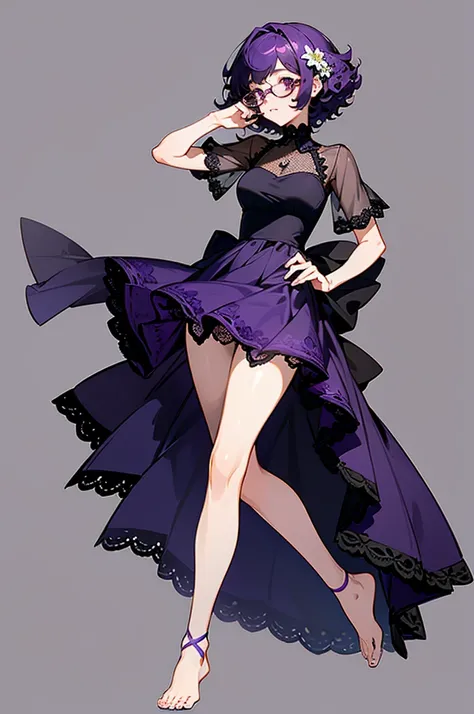 one girl, short very curly purple hair with dark purple strand, glasses, two-piece black color lace flower theme swim outfit, simple detaled, lovable, no background, dynamic pose,, full body ,detaled feet,short blouse with fishnet, flowers, art