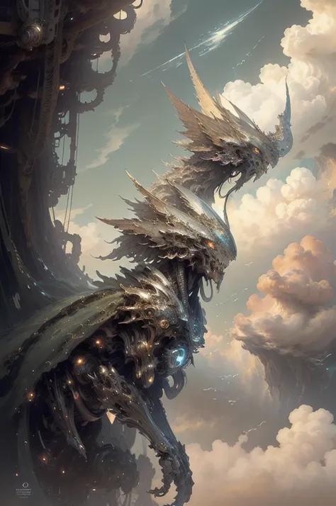 ((best quality)), ((masterpiece)), (detailed), female titan, mecha, horror beauty, perched on a cloud, (fantasy illustration:1.3), enchanting gaze, captivating pose, delicate scars, otherworldly charm, mystical sky, (Luis Royo:1.2), (Yoshitaka Amano:1.1), ...