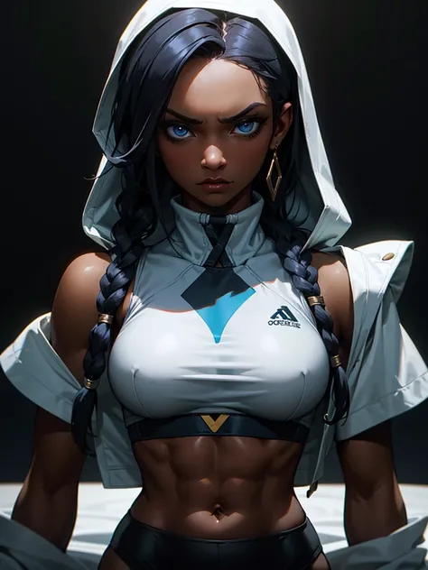 ((Portrait Photo)), She has a Relaxed, Black-Haired Appearance, with Dark Skin, and a Strong, Muscular Build. She Expresses an Indifferent Look, Giving Off a Composed and Unfazed Attitude. She has Deep Blue Eyes, and Her Hair is Long and Black, with Dreadl...