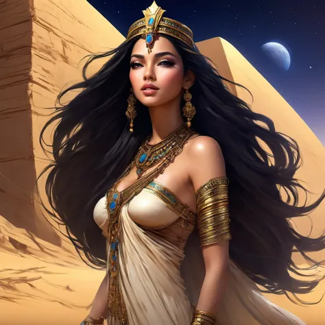 (bust:1.4), low - angle:1.4, desert princess, beautiful woman with long black hair, detailed face, deep eyes, ふっくらand唇, wearing ...