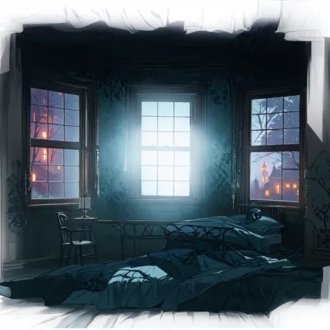 there is a bed in the room，there are two windows， spooky room,suspenseful and weird room，anime style，fifth personality， photorea...