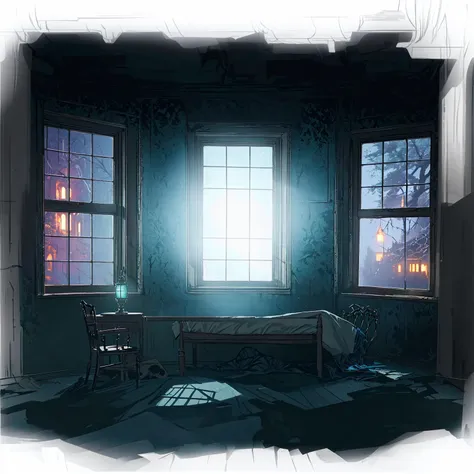 there is a bed in the room，there are two windows， spooky room,suspenseful and weird room，anime style，fifth personality， photorea...