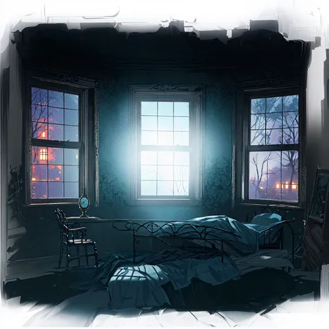 there is a bed in the room，there are two windows， spooky room,suspenseful and weird room，anime style，fifth personality， photorea...