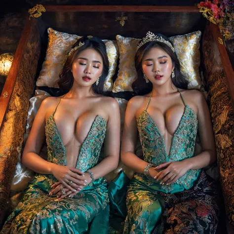 In a striking 8K HDR scene, a stunning Korean woman, 22 years old, lies peacefully in a black coffin surrounded by plush pillows. The deep box is set against a rich black background, accentuating the beauty of the subject. Her exquisite kebaya with sleeve ...