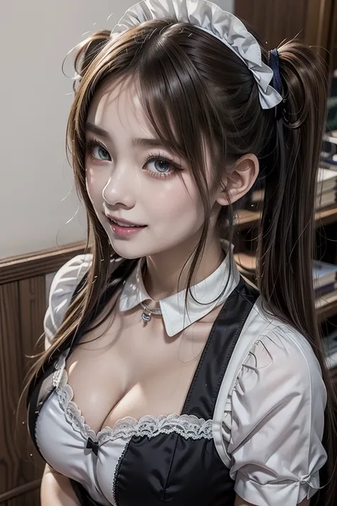 private maid, (compensate:1.2), twin tails, very long hair, maid&#39;s headdress, hair clip, cleavage, huge breasts, neck bell, ...