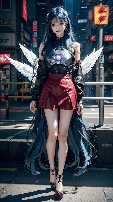 Beautiful Iron Man，Angelic countenance，Full body portrait，the long flowing blue hair，big eyes，Flashing pupils，shy，Blush，Smile，Delicate depiction of the face，Wearing a pink skirt with black，Wearing high heels，Cyberpunk，Night，Hyperrealism，Neon Street，Ray Tra...