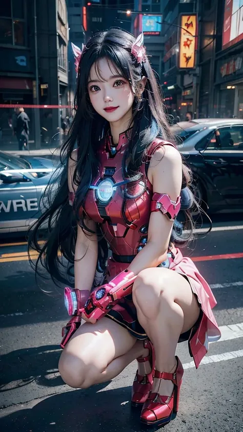 Beautiful Iron Man，Angelic countenance，Full body portrait，the long flowing blue hair，big eyes，Flashing pupils，shy，Blush，Smile，Delicate depiction of the face，Wearing a pink skirt with black，Wearing high heels，Cyberpunk，Night，Hyperrealism，Neon Street，Ray Tra...