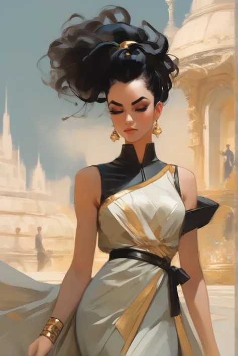 Illustration in styles of Harrison Fisher, Jeremy Mann, Alexandre Cabanel, and Tomer Hanuka, of a stunningly beautiful lady Vegeta girl + Naruto clad in an elegant dress, em seus pés with the contradiction of mens sandália, atmosphere that balances the del...