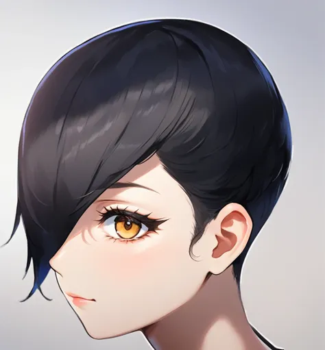 a young woman with short black hair, anime woman headshot profile, trigger anime artstyle, persona 5 art style wlop, profile of anime girl, androgynous face, detailed face, beautiful detailed eyes, beautiful detailed lips, extremely detailed eyes and face,...