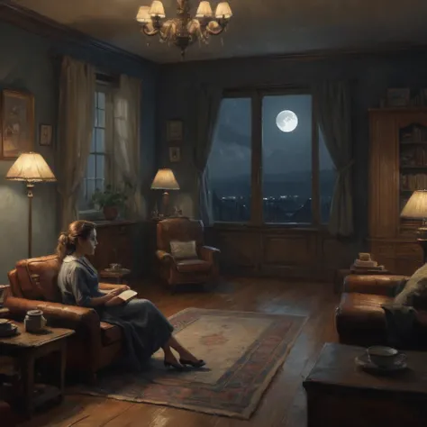 (best quality,4k,8k,highres,masterpiece:1.2),ultra-detailed,(realistic, photorealistic,photo-realistic:1.37), ((Horrow, scary scene, night: 1.5)), (Living room, Erika watching a movie, moonlight, old furniture.)