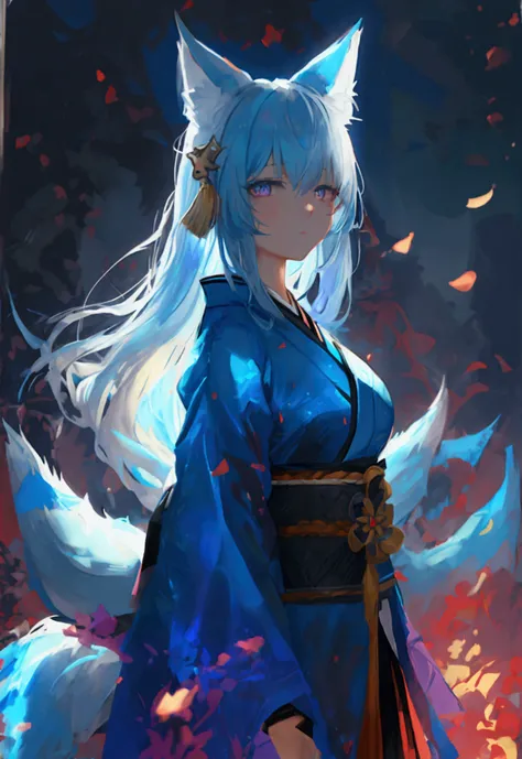 A girl in her twenties with blue-white hair, blue-purple gradient pupils, a small tail, and a fox-girl robe. girl, kimono, ponytail ,gray hair, purple eyes, magic circle, blue fire, blue flame, wallpaper, landscape, Blood, Blood splatter, Depth of the boun...