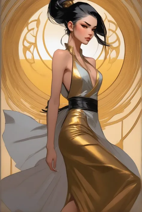 Illustration in styles of Harrison Fisher, Jeremy Mann, Alexandre Cabanel, and Tomer Hanuka, of a stunningly beautiful lady sexy decote em VVegeta girl + Naruto clad in an elegant dress, em seus pés with the contradiction of mens sandália, atmosphere that ...