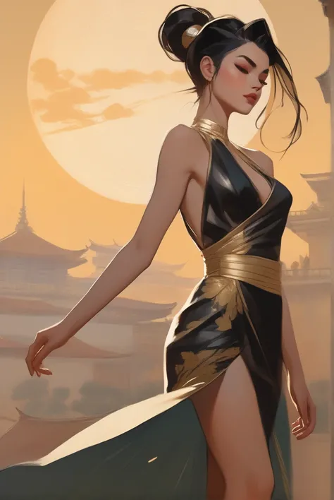 Illustration in styles of Harrison Fisher, Jeremy Mann, Alexandre Cabanel, and Tomer Hanuka, of a stunningly beautiful lady sexy decote em VVegeta girl + Naruto clad in an elegant dress, em seus pés with the contradiction of mens sandália, atmosphere that ...