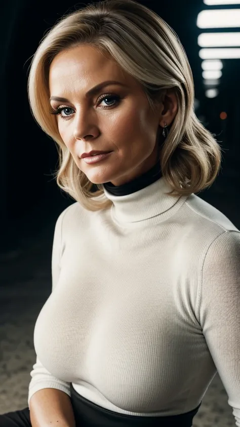 ,,,,,,looking 60 years old, beautiful and seductive curvy white milf ,,,,,,,,,, colorized portrait , wearing a black turtleneck, sharp focus, natural lighting, underground dispersal, f2, 35mm, Film grain, ,,,the black oil is only on your face, dramatic lig...