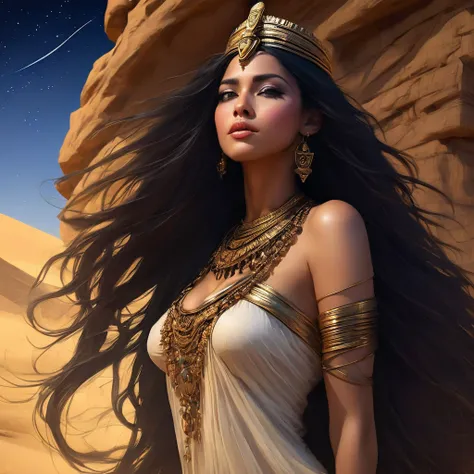 ((sleeping in the desert 2.0))，(bust:1.4), low - angle:1.4, desert princess, beautiful woman with long black hair, detailed face...