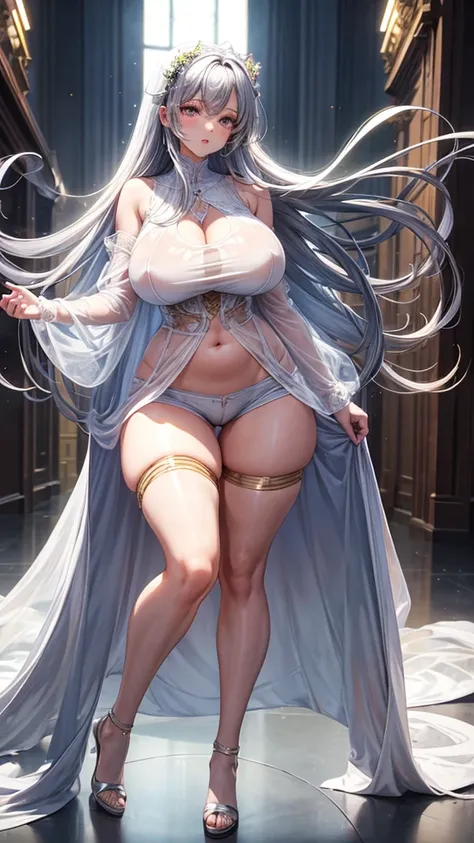 transparent clothes, definition of the female body, thick thighs, sample body curves, large breasts, long transparent hair, short transparent shorts, open legs, wide open legs...