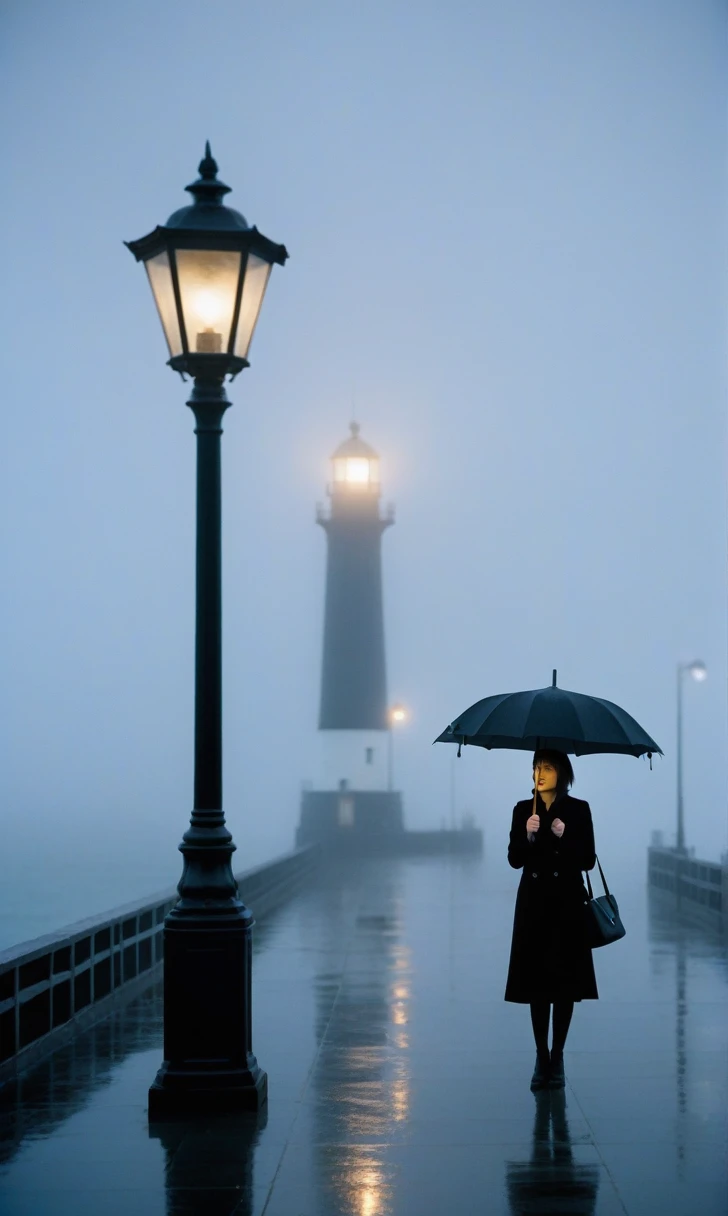 girl, Short hair, Black coat, cool,rain,blur,Fog,middle,cool,boring,,pier,only,lighthouse in the distance,Coast, Street lamp, The dim light shines in the Fog,and the figure stands in the Fog holding an umbrella