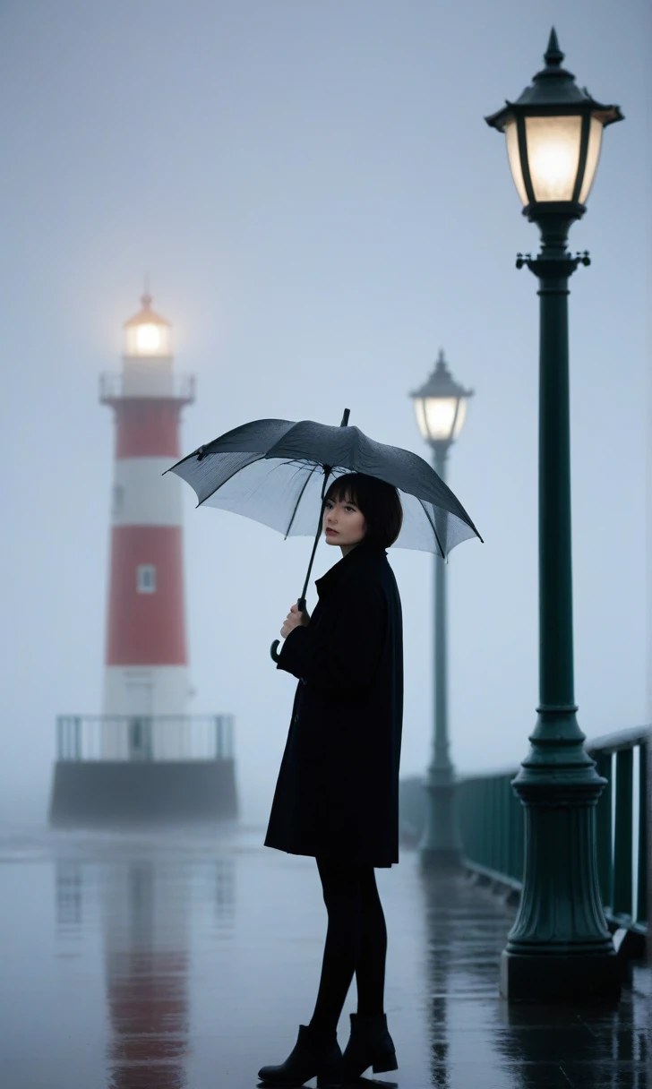 girl, Short hair, Black coat, cool,rain,blur,Fog,middle,cool,boring,,pier,only,lighthouse in the distance,Coast, Street lamp, The dim light shines in the Fog,and the figure stands in the Fog holding an umbrella